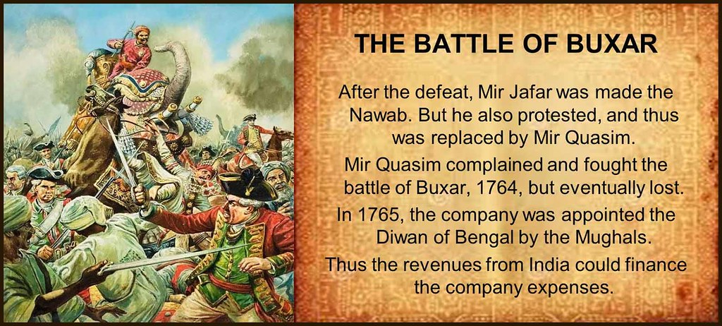 In 1764, the Battle of Buxar was pivotal combat between the English army and the Bengal Nawab, Mir Kasim, Shah Alam II, & the Mughal Emperor's united army.